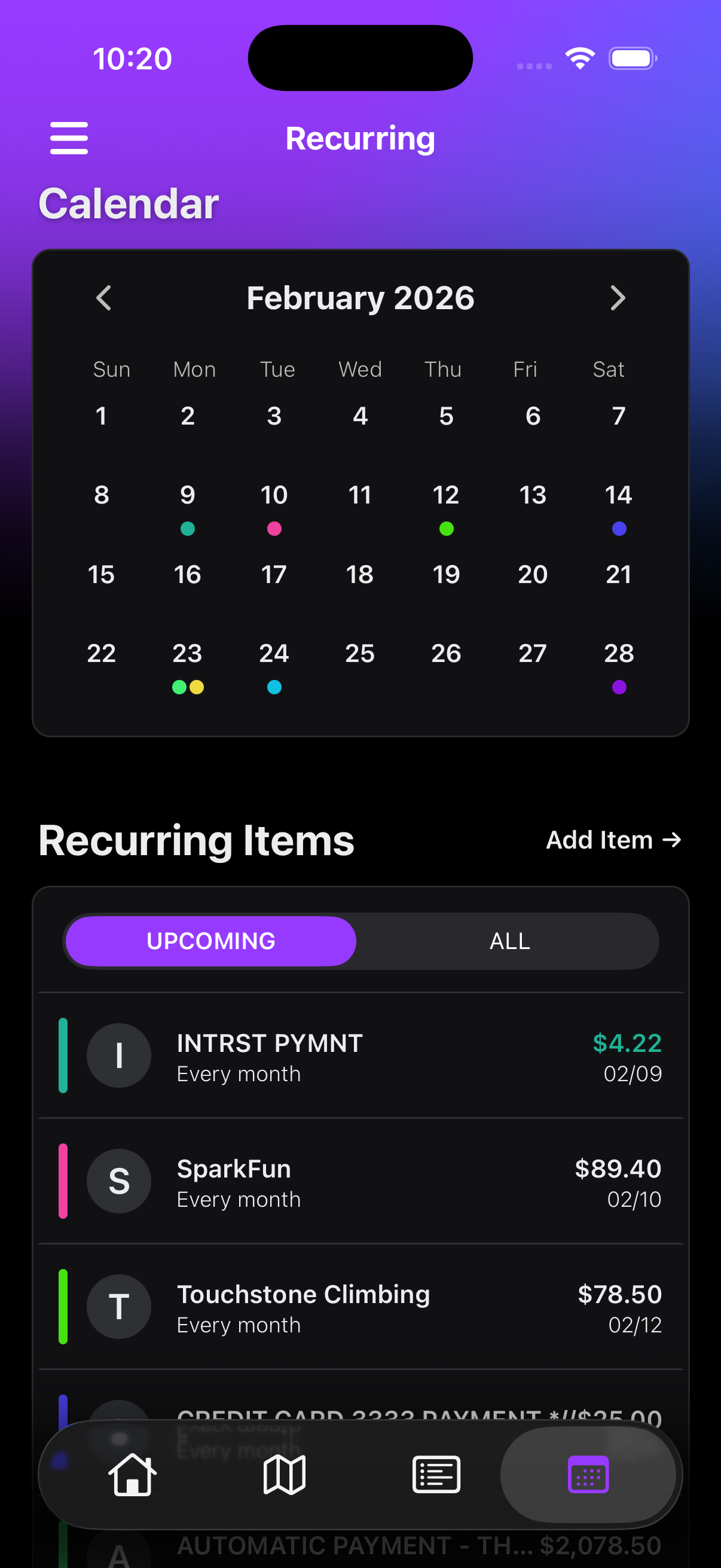 MoneyMap calendar view showing recurring payments and upcoming bills